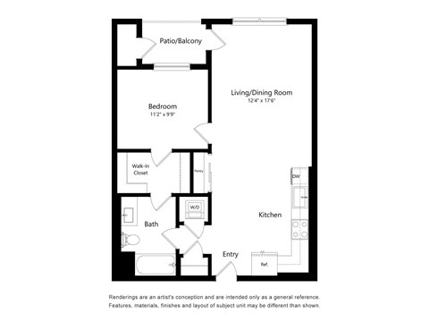 Floor plan for 1 bed, 1 bath, 740 sqft